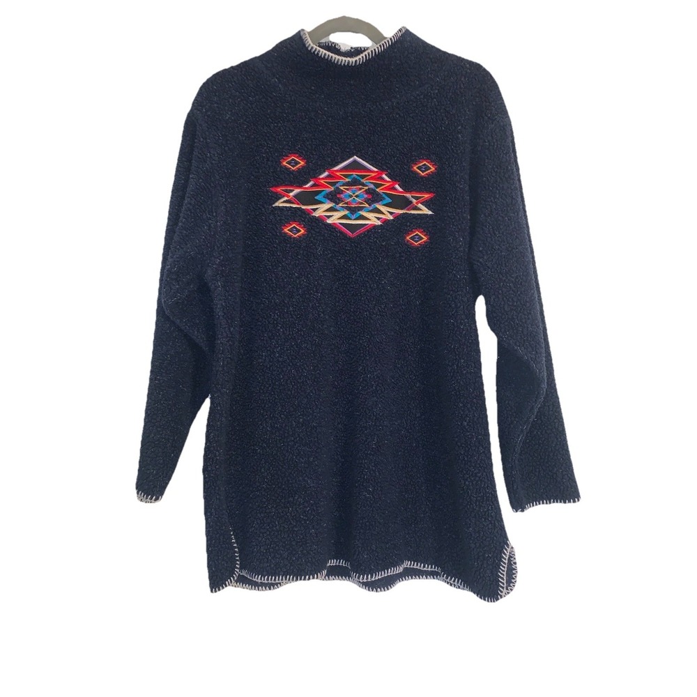 VTG EMI Women's M Southwestern Aztec Embroidered Fleece Sweater Mock Neck USA‎